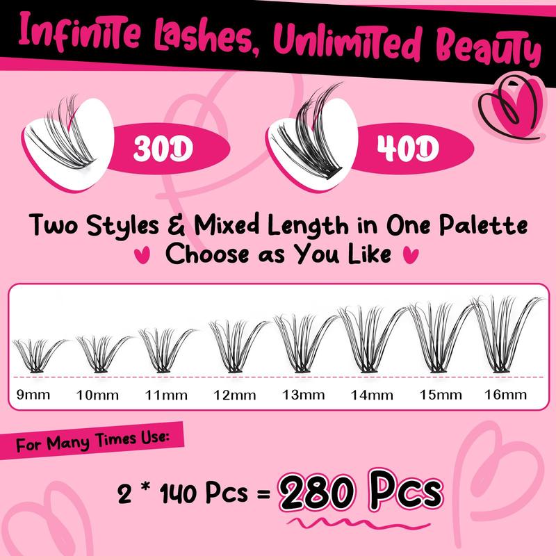 DIY Lash Clusters Extension Kit PRO LASHBEAUTY 280 Pcs Lash Clusters Waterproof Lash Bond and Seal Eyelash Applictor for Beginners at Home