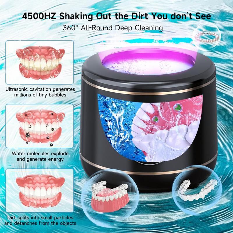 UV Ultrasonic Tooth Retainer Cleaner, Rechargeable Fake Tooth Cleaning Machine, Denture Care Tool for Women & Men Home & Travel