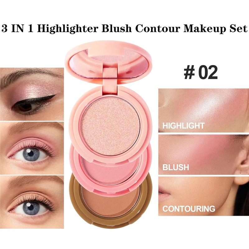 3-in-1 Blendable Trio, Contour and Highlight Blush Makeup Palette, Cream Bronzer, Silky Smooth Powder Blush, Shimmer Highlighter Makeup Powder, Pink Brown Eyeshadow Palette with Mirror(02)