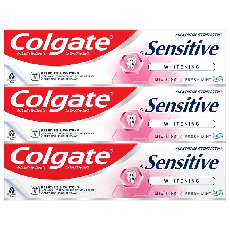 Colgate Whitening Toothpaste for Sensitive Teeth, Enamel Repair and Cavity Protection, Fresh Mint Gel, 6 Oz (Pack of 3)