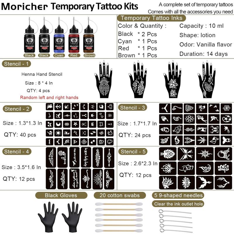 Temporary Tattoo Kits 5 Inks 102 Stencils, Henna Tattoo Kit with Mandala Stencils Semi Permanent Tattoo Markers Makeup Cosmetic