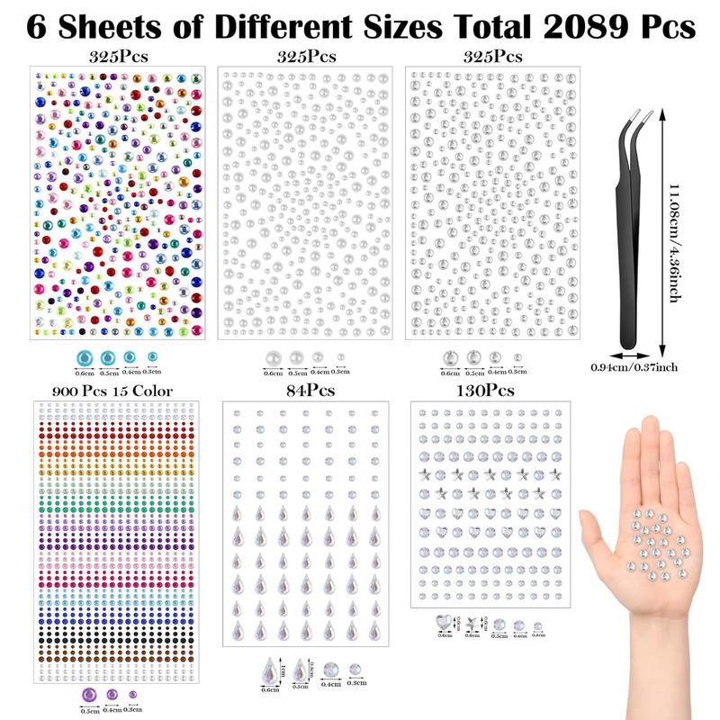 Face Gems Stick On, 2089 Pcs Halloween Face Jewels for Makeup Festival Concert Face Stickers Self Adhesive Rhinestone Stickers for Face Hair Eye Nail Crafts