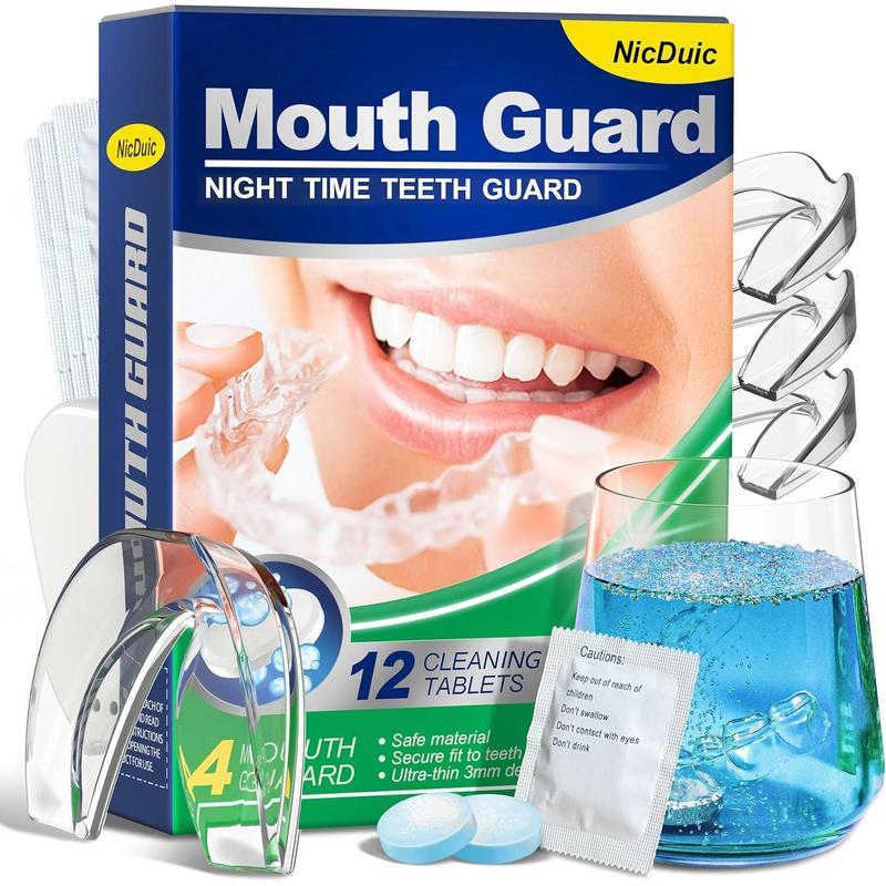 Mouth Guard for Grinding Teeth at Night with 12 Cleaning Tablets, Moldable Mouthguards for Grinding of Teeth, Professional Night Guards for Teeth Grinding, Mouth Guard for Sleeping 1 Size  4 Pcs.