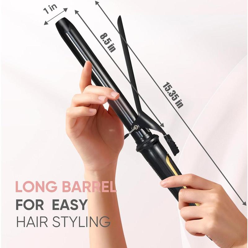 Lanvier 1 Inch Extra Long Hair Curling Iron with Ceramic Tourmaline Barrel, Professional Hair Curler up to 450°F with Dual Voltage for Worldwild Use, Hair Waving Style Tool for Girls&Women–Black