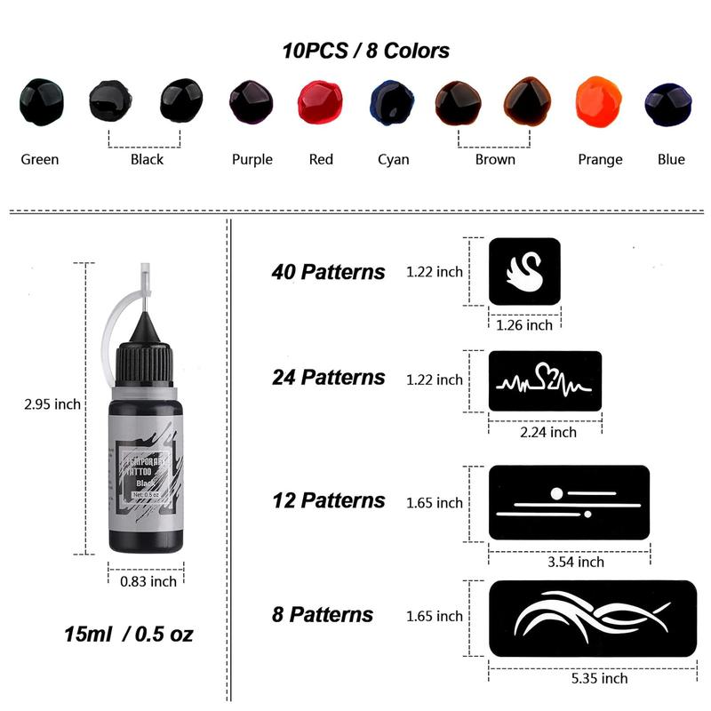 Temporary Tattoo Kit 10 Bottles Color Inks, 84 Pcs Stencils Kit for Body Paint DIY Tattoos Temp, 10 Colors DIY Fake Tattoo for Women Kids