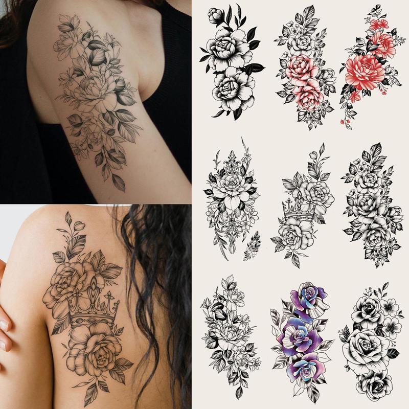 Flower Pattern Temporary Tattoo Sticker, 9 Counts set Colorful Temporary Fake Tattoo Decals, Body Art Stickers for Women & Girls