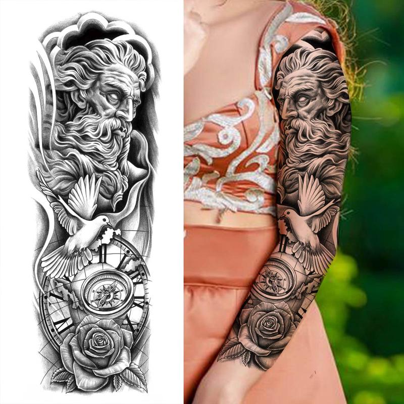 God Warrior Flower Pattern Temporary Tattoo, Waterproof Long Lasting Realistic Fake Sleeve Tattoo Sticker, Body Art Sticker for Men & Women