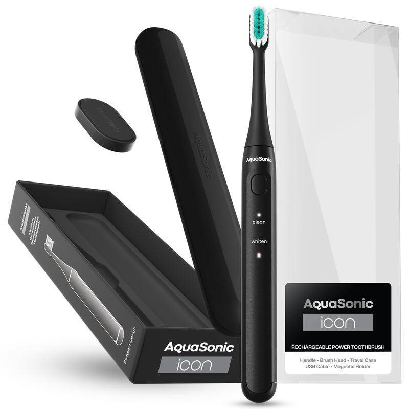 AquaSonic Icon Rechargeable Travel Power Toothbrush - Modern Slim Toothbrush with Soft-Touch Handle and Smart Timers - Oral Rechargeable Electric - Perfect For Travel with Travel Case