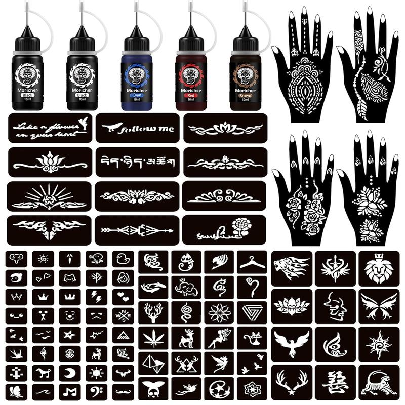 Temporary Tattoo Kits 5 Inks 102 Stencils, Henna Tattoo Kit with Mandala Stencils Semi Permanent Tattoo Markers Makeup Cosmetic