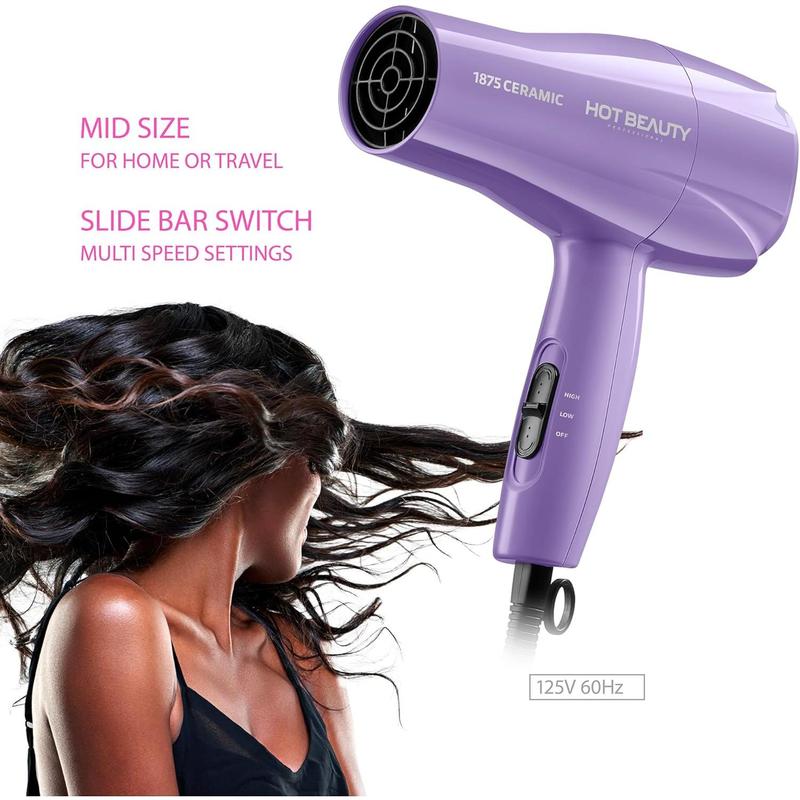 1875 Ceramic Hair Dryer, Powerful Fast Drying, Multi-Setting with Comb Attachment, Additional Detangler Included, Slide Bar Switch, Compact for Home & Travel (Purple)