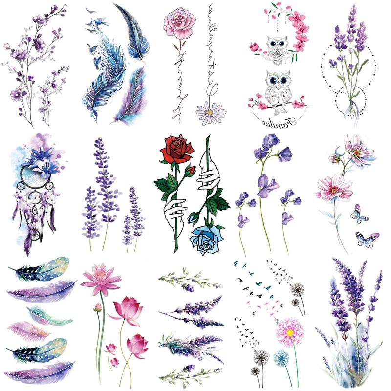 Flower & Feather Pattern Temporary Tattoo Sticker, 15pcs set Boho Style Fake Tattoo Sticker, Body Art Decoration for Women & Girls