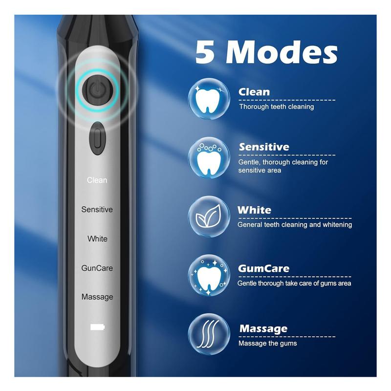 Sonic Electric Toothbrush for Adults - Rechargeable Toothbrush with 6 Brush Heads & Plaque Remover for Teeth, IPX7 Waterproof,5 Modes with 2-Min Smart Timer, One Charge for 90 Days