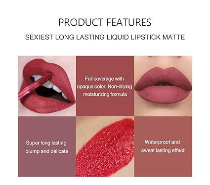 6Pcs Lipstick Makeup Set, Satin Texture Plumping Matte liquid Moisturizing Long-Lasting Wear Non-Stick Cup Not Fade Waterproof Smudge Proof Lip Gloss Suitable for All Occasions Party, Girls and Women Makeup Accessories Glossy Cosmetic Lip Care Moisturizer