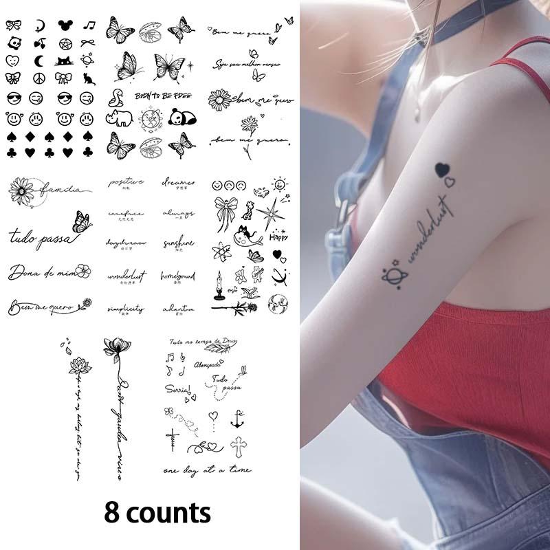 Butterfly & Letter Pattern Temporary Tattoo Sticker, 8 Counts set Creative Fake Tattoo Sticker, Body Art Decoration for Women & Men