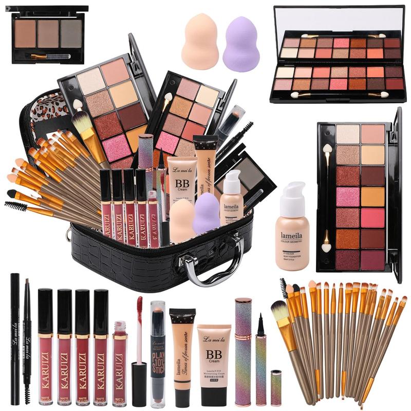 All in One Makeup Kit Full Kit Multipurpose Essential with Eyeshadow Palette,Lip Gloss,Foundation,Mascara,Eyebrow Pencil,Eyeliner,Contour Stick,Makeup Brushes, Bag Makeup Set for Women (DA112)