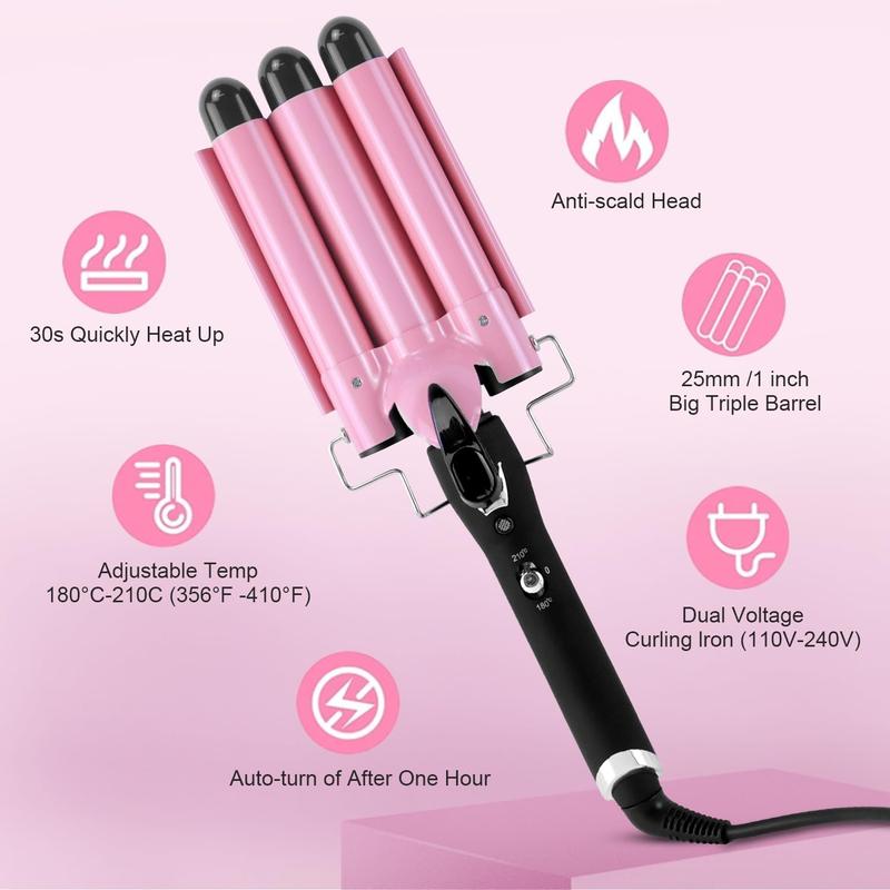 3 Barrel Curling Iron Hair Crimper: Dual Voltage Three Barrels Hair Waver - 1 inch Curler Wand