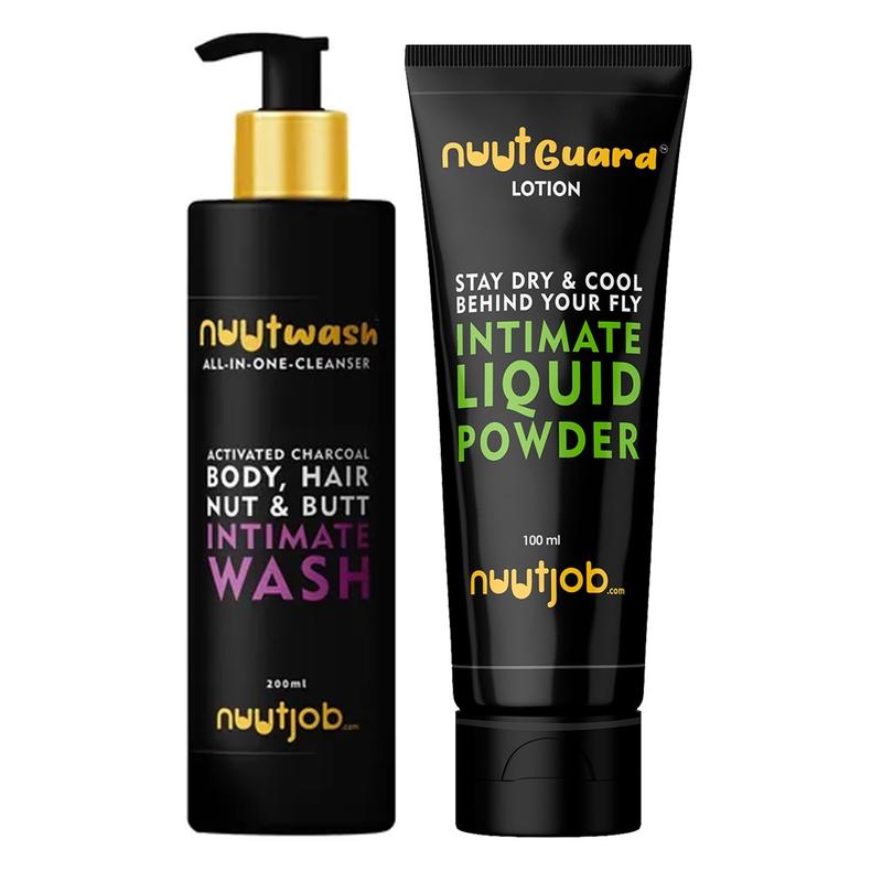 Nuutjob Mens Hygiene Intimate Wash Set with Anti Itch and Anti Chafe Cream, pH Balanced, Enriched with Essential Oils and Natural Ingredients, Activated Charcoal, Fresh Deodorant, Liquid Powder Lotion