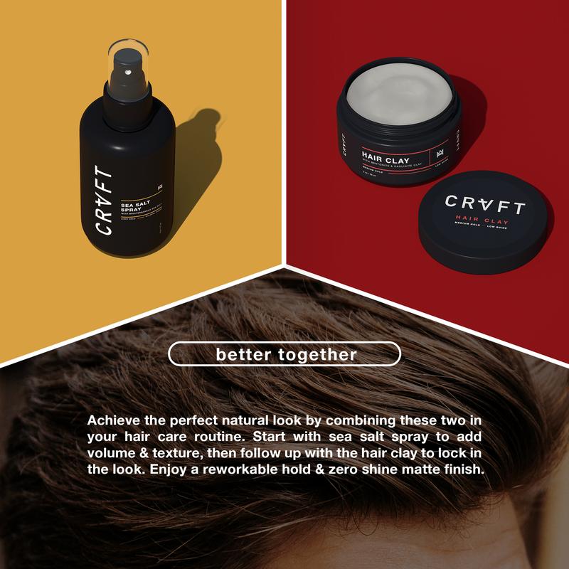 CRVFT Sea Salt Spray + Hair Clay Bundle for Natural Volume and Texture with Zero Shine Matte Finish - Medium + Light Hold   Matte + Natural Finish   Volume + Texture + Prestyler - Scented