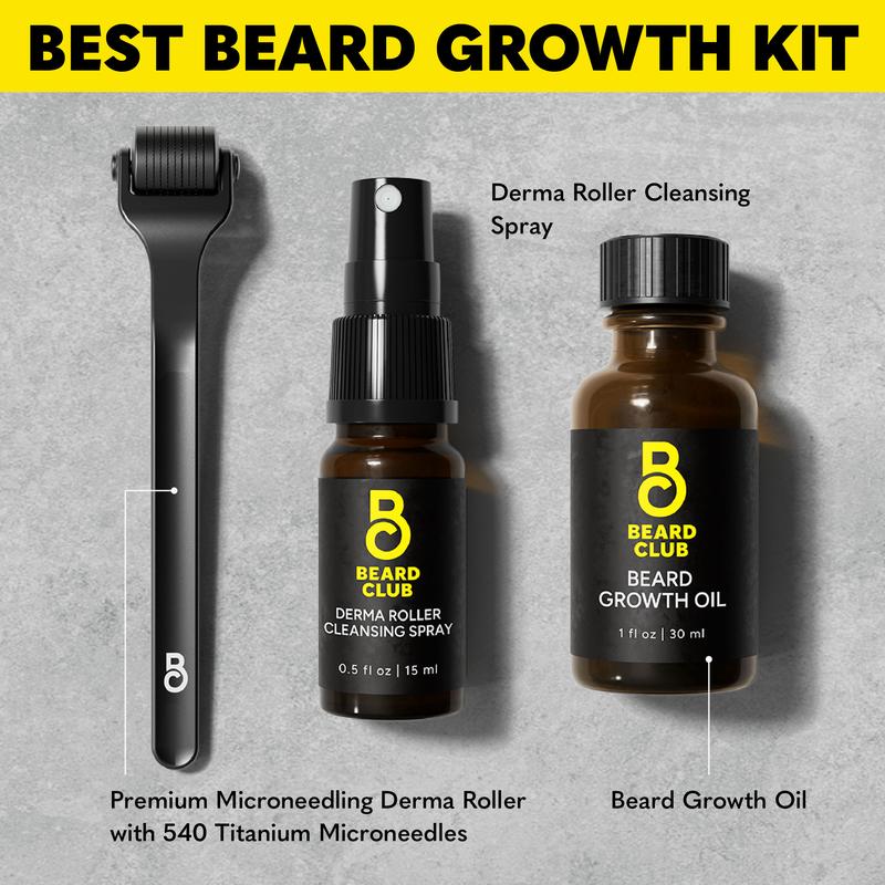 Premium Derma Roller Moisturizing Beard Growth Kit - Premium Derma Roller with Weighted Handle & Replacement Head, Derma Roller Cleansing Spray and Beard Growth Oil