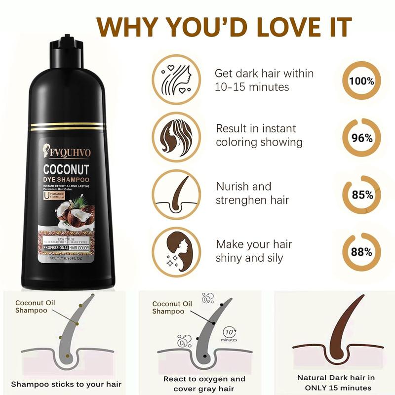 Fvquhvo Coconut Hair Color Shampoo for Dark Hair - Instant Herbal Hair Dye 3 in 1 for Women & Men, 500ml. Easy to Use & Long-Lasting,Haircare