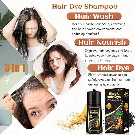 Hair Dye 3 in 1, Black Hair Dye Shampoo for Men & Women Hair Colors in Minutes, Shampoo Para Canas,  Black Hair Shampoo for 100% Gray Hair Coverage，Black Hair Dye 16.9 Fl Oz