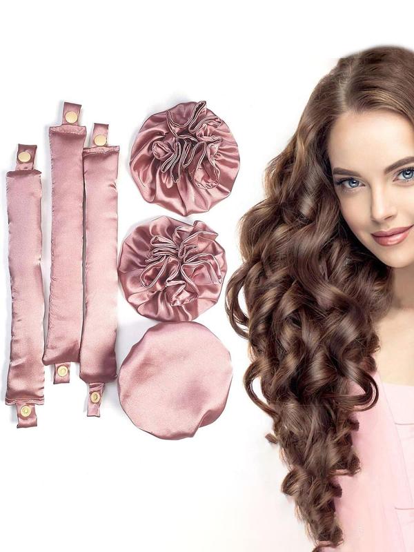 Solid Color Satin Heatless Hair Curlers Set, No-heat Curling Rods & Hair Caps, Comfortable Sleep-in Curlers for Women & Girls