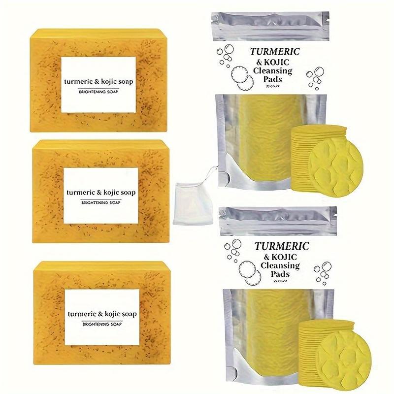 Turmeric Cleansing Set, 3 Counts Turmeric Soap Bar with 2 Packs Facial Cleansing Pads & 1 Count Foaming Net, Facial Skin Care Kit for All Skin Types