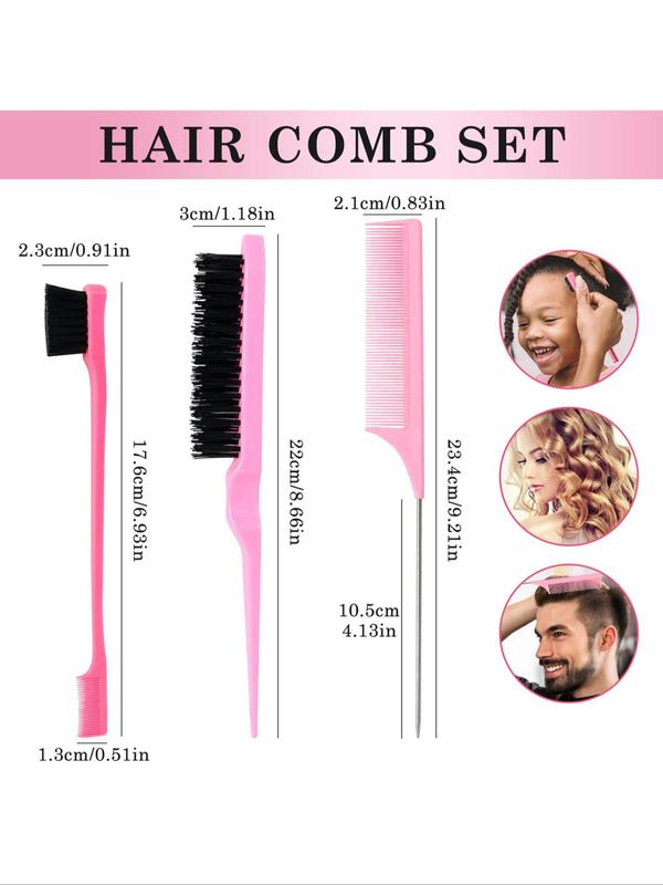 Multifunctional Hair Styling Comb Set, 3pcs Hair Brush Set, Including Rat Tail Comb,Double-sided Edge Eyebrow Brush Comb, and Hair Brush, Professional Hair Salon Tools & Accessories