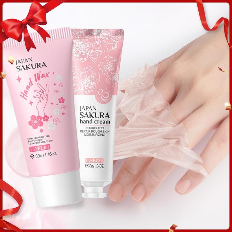 50g Sakura Hand Wax & 30g Hand Cream, 2 Counts set, Peel off Moisturizing Hand Mask & Hand Lotion, Hand Care Set, Christmas Gift