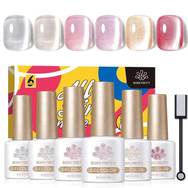 BORN PRETTY Cat Eye Magnetic Gel Nail Polish Water Light Cat Magnetic Eye Gel Jelly Pink Glass Crystal Magnetic Gel Polish Glitter Shimmer Auroras Magnetic Gel Nail Polish LED Gel Nail Art Manicure Kit 6PCS