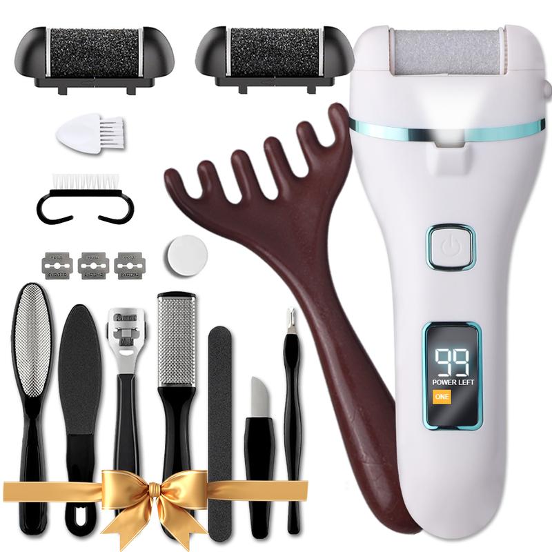 Experience the 2025 Upgrade：Rechargeable Waterproof Electric Foot Callus Remover - 17-in-1 Professional Pedicure Kit with 3 Roller Heads for Hard Skin