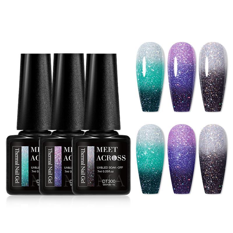 Temperature Color Changing Gel Nail Polish Set, 3 Counts set Glitter Soak Off UV LED Nail Art Gel Varnish, DIY Nail Art & Manicure for Women & Girls, Christmas, Christmas Gift