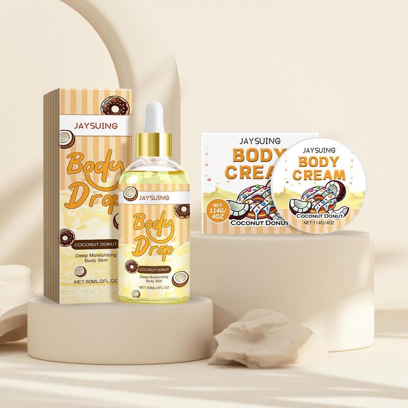 Coconut Donut Body Care Kit (2 Counts set), Moisturizing and Nourishing Body Cream & Body Oil, Body Massage Skin Care Set for Women & Men, Skin Care Products