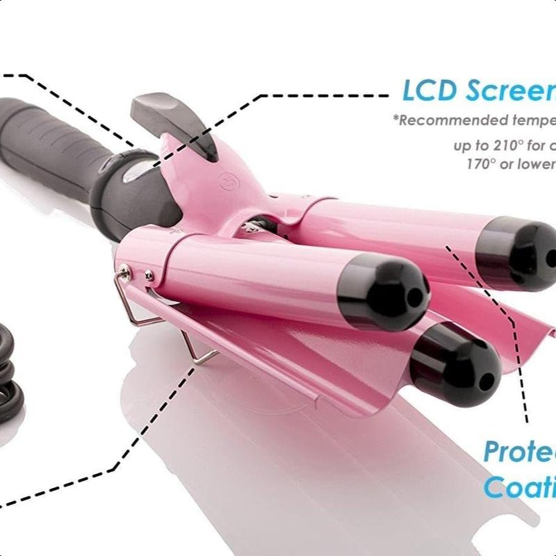 3 Barrel Hair Waver for Beachy Frizz-Free Waves w LCD Temperature Display - 1 Inch Ceramic Tourmaline Triple Barrels, Dual Voltage Crimping Tool