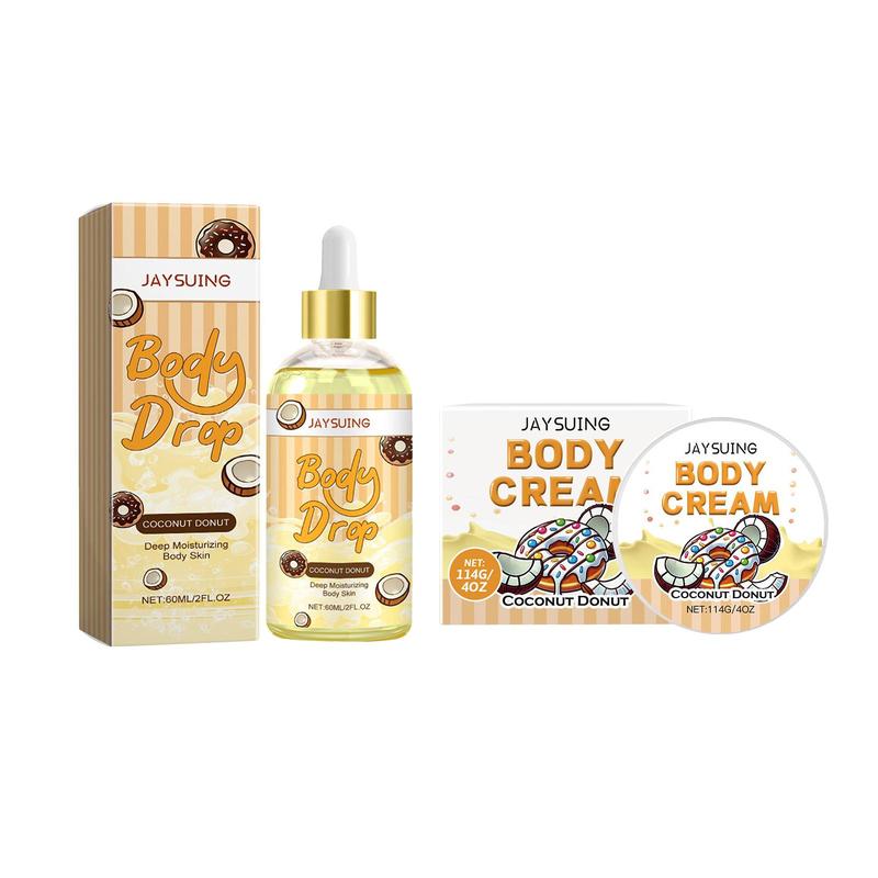 Coconut Donut Body Care Kit (2 Counts set), Moisturizing and Nourishing Body Cream & Body Oil, Body Massage Skin Care Set for Women & Men, Skin Care Products