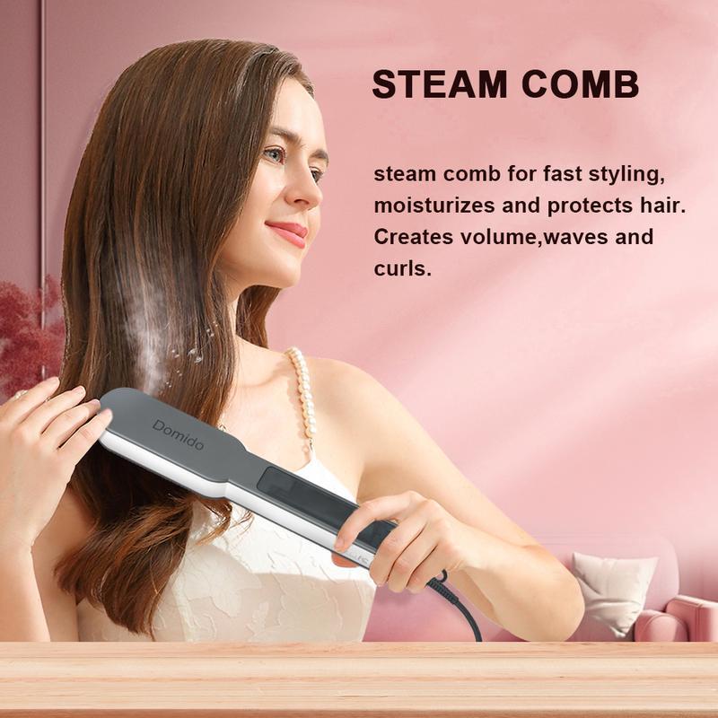 DOMIDO Steam  for Hair, Double layer 7 holes steam outlet Professional Steam  Comb Brush to nourish and protect hair. 2 in 1 Hair  and Curler for Long & Short Hair heated comb Comfort