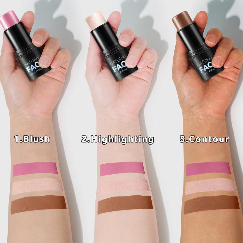 3Pcs Cream Contour Stick Kit (LIGHT MEDIUM), includes highlighter, blush & bronzer sticks, long-lasting, waterproof.