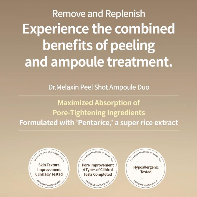 Dr. Melaxin - Peel Shot Exfoliating Rice Ampoule Duo | RICE WATER PEELING GEL DUO TARGETS BLACKHEADS & WHITEHEADS, KOREAN SKINCARE