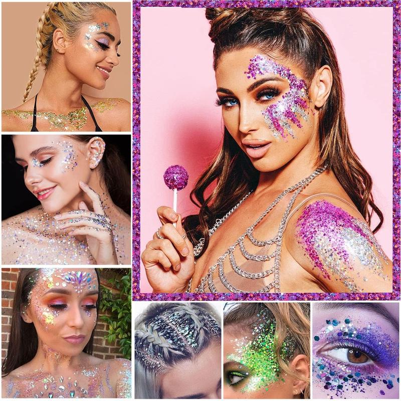 12 Colors of Holographic Chunky Glitter No Glue Attached, 12 Pots Total 120g Multi-Shaped for Body Hair Face Eyes Make-up, Nail Art and Bedazzling in Party Concert Events Glitter