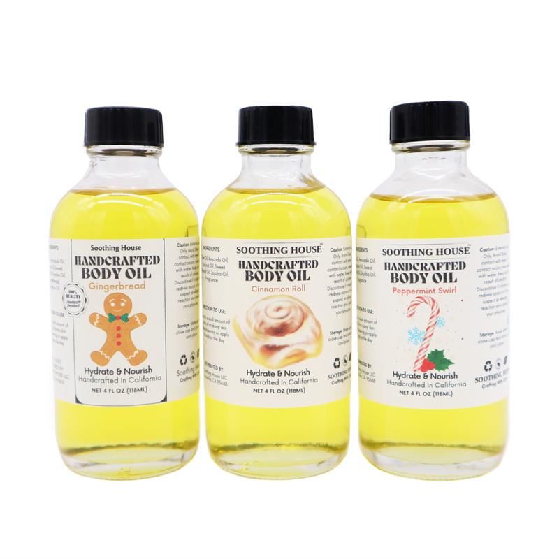 Christmas Trio Body Oil Variety Pack: Peppermint Swirl, Cinnamon Roll, and Gingerbread Cookie, 3 Bottles with Droppers Moisturize Nourishing Body Care Scent Fragrance Gift Luxury Aroma Body Care