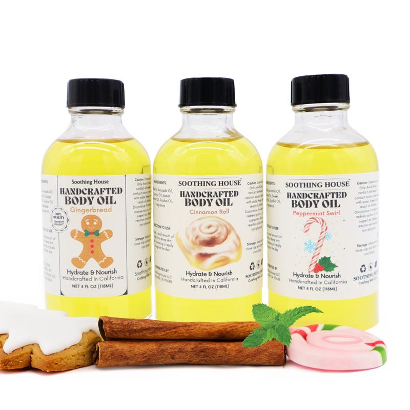 Christmas Trio Body Oil Variety Pack: Peppermint Swirl, Cinnamon Roll, and Gingerbread Cookie, 3 Bottles with Droppers Moisturize Nourishing Body Care Scent Fragrance Gift Luxury Aroma Body Care