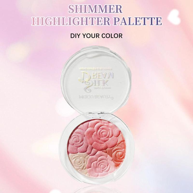 3 Color Rose Petal Highlighter Carved Blush Palette, 1 Count Long Lasting Shimmering Blush, Natural Look Blush for Daily Makeup, Lightweight Blush, Soft Color Shadow