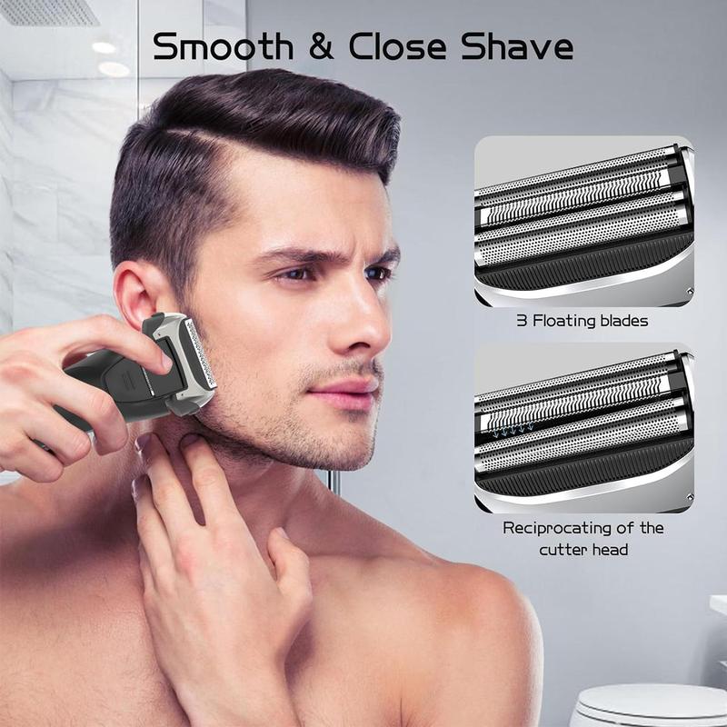 Electric Shaver, 1 Box Rechargeable Waterproof Electric Razor with 3 Floating Blades, Beard & Mustache Trimmer for Men, Men's Grooming Tool