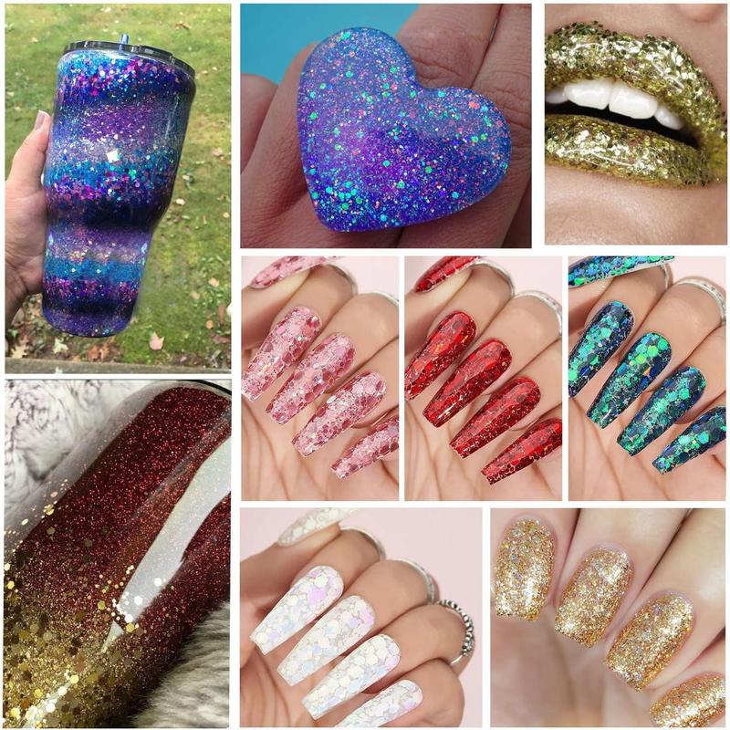 12 Colors of Holographic Chunky Glitter No Glue Attached, 12 Pots Total 120g Multi-Shaped for Body Hair Face Eyes Make-up, Nail Art and Bedazzling in Party Concert Events Glitter