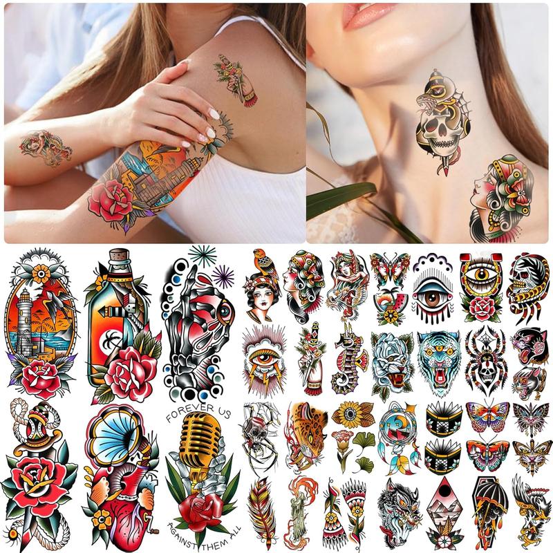 77 Sheets Classic Temporary Tattoos Adult Men, Traditional Colorful Realistic Half Arm Fake Tattoo Sleeve, Flower Butterfly Snake Owl Shark for Women,