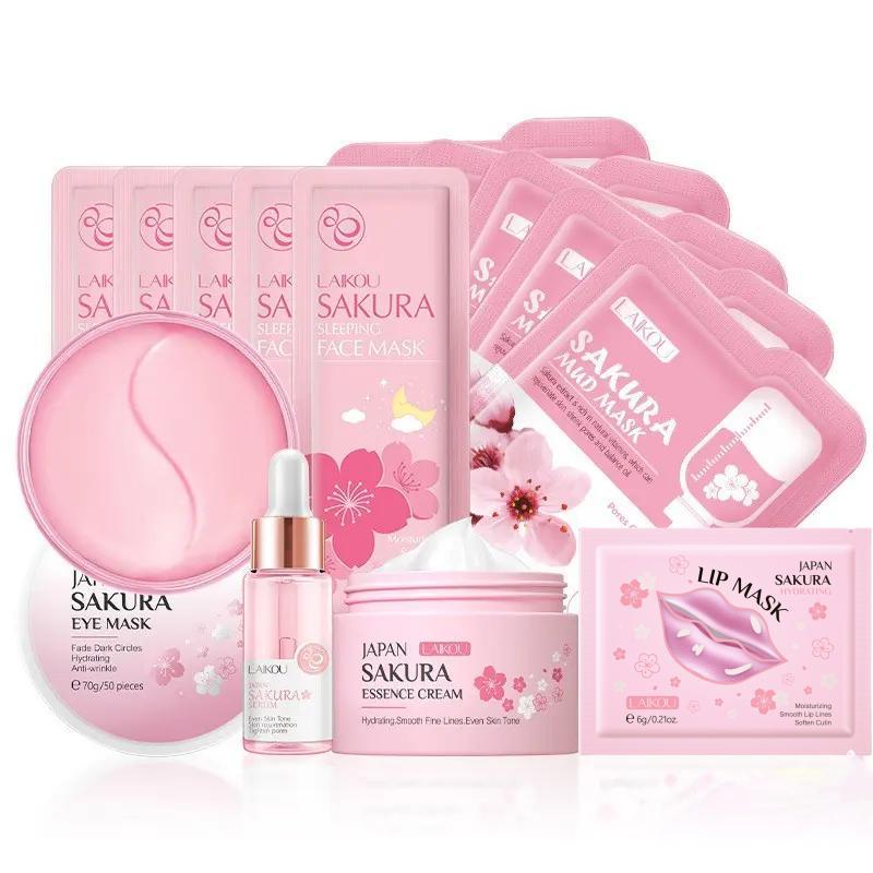 Sakura Skincare Set, 14pcs set Sleeping Face Mask & Eye Mask & Lip Mask & Mud Mask & Essence & Face Cream & Tone, Skin Care Kit for Women