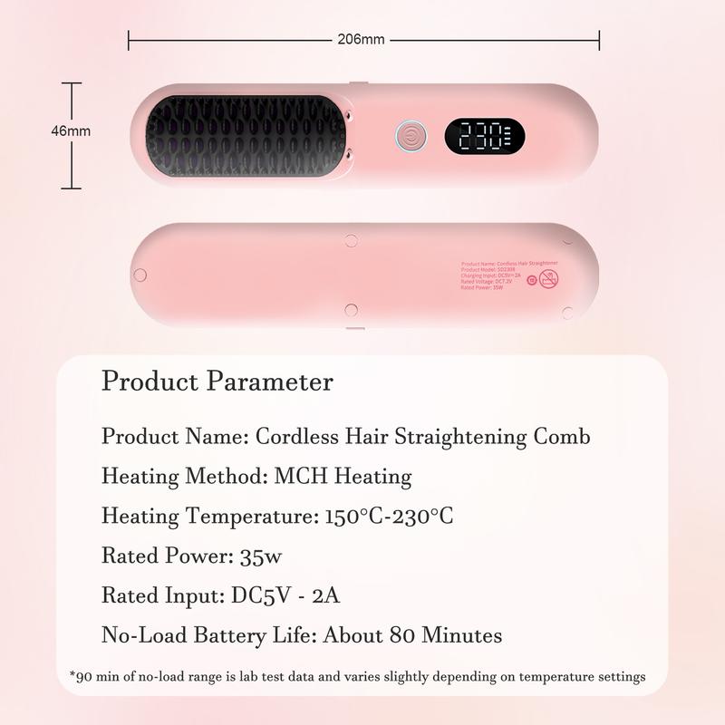 Ouestbeauty Cordless Hair Straightener Brush Comb with 9 Temperature Settings & Anti-Scald - Comfort, Gentle