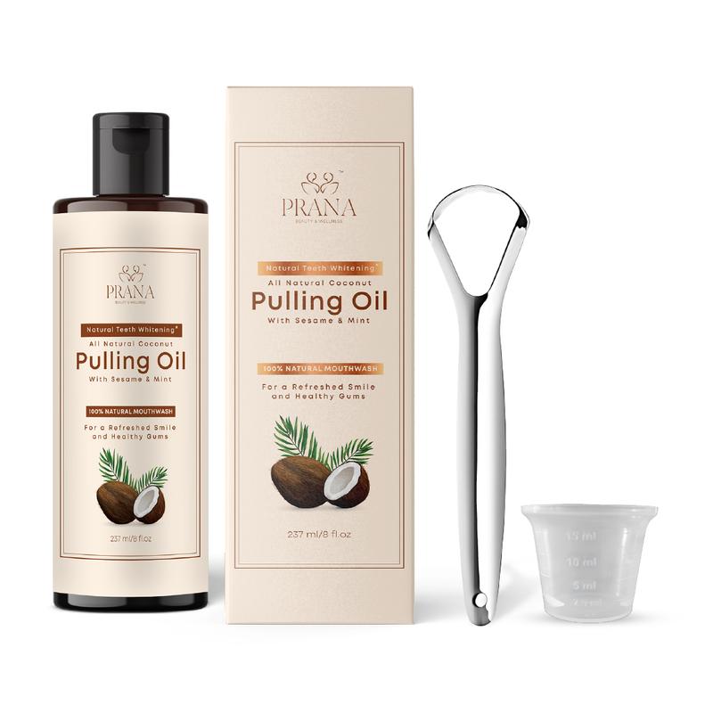 PRANA Coconut Pulling Oil Mouthwash with Tongue Scraper 237 ml - Ayurvedic Oil for Clean Rinse with Coconut Oil and Clove, Improve Teeth and Gum Oral