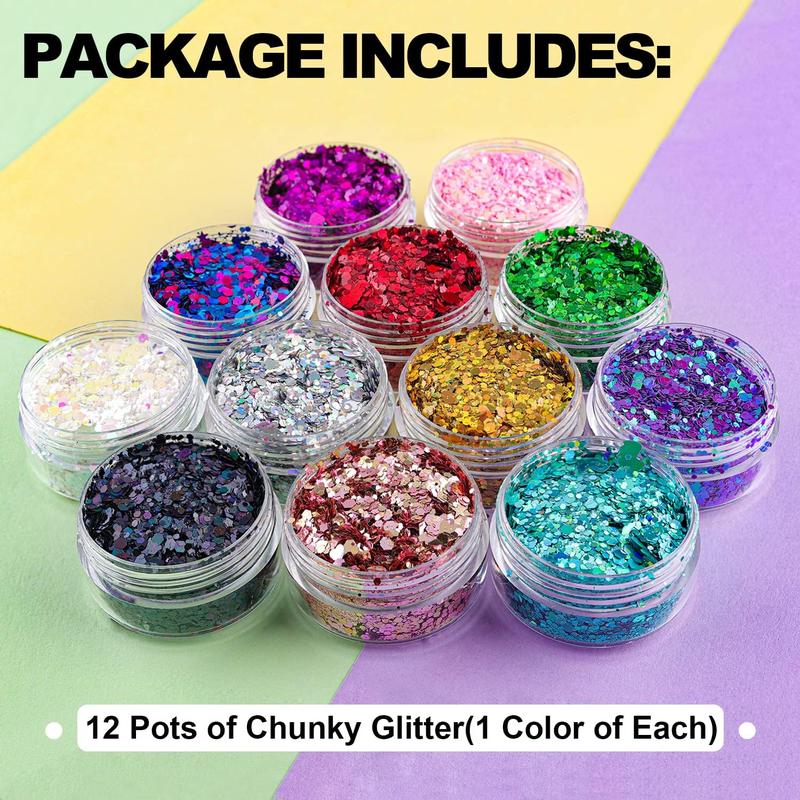 12 Colors of Holographic Chunky Glitter No Glue Attached, 12 Pots Total 120g Multi-Shaped for Body Hair Face Eyes Make-up, Nail Art and Bedazzling in Party Concert Events Glitter