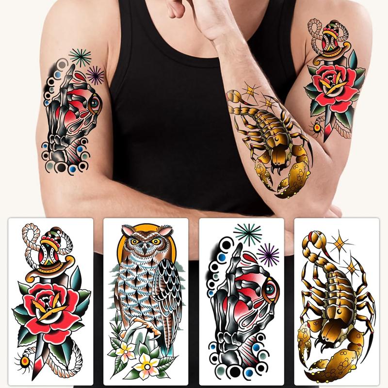 77 Sheets Classic Temporary Tattoos Adult Men, Traditional Colorful Realistic Half Arm Fake Tattoo Sleeve, Flower Butterfly Snake Owl Shark for Women,